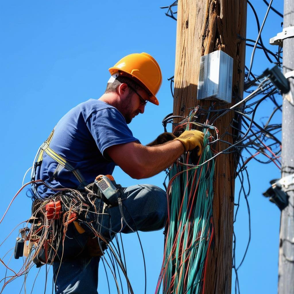 technician working on fiber optics on a telephone pole